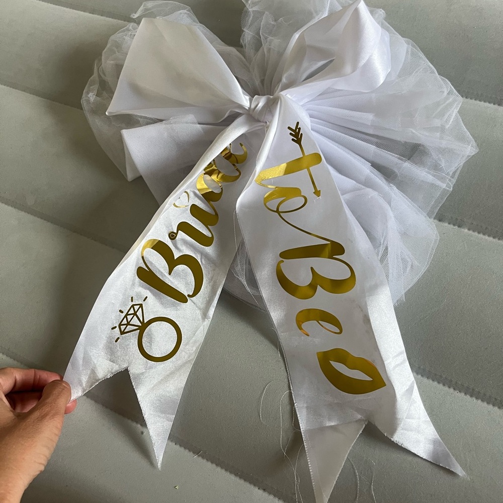 Bride White and Gold Satin Bow Sash